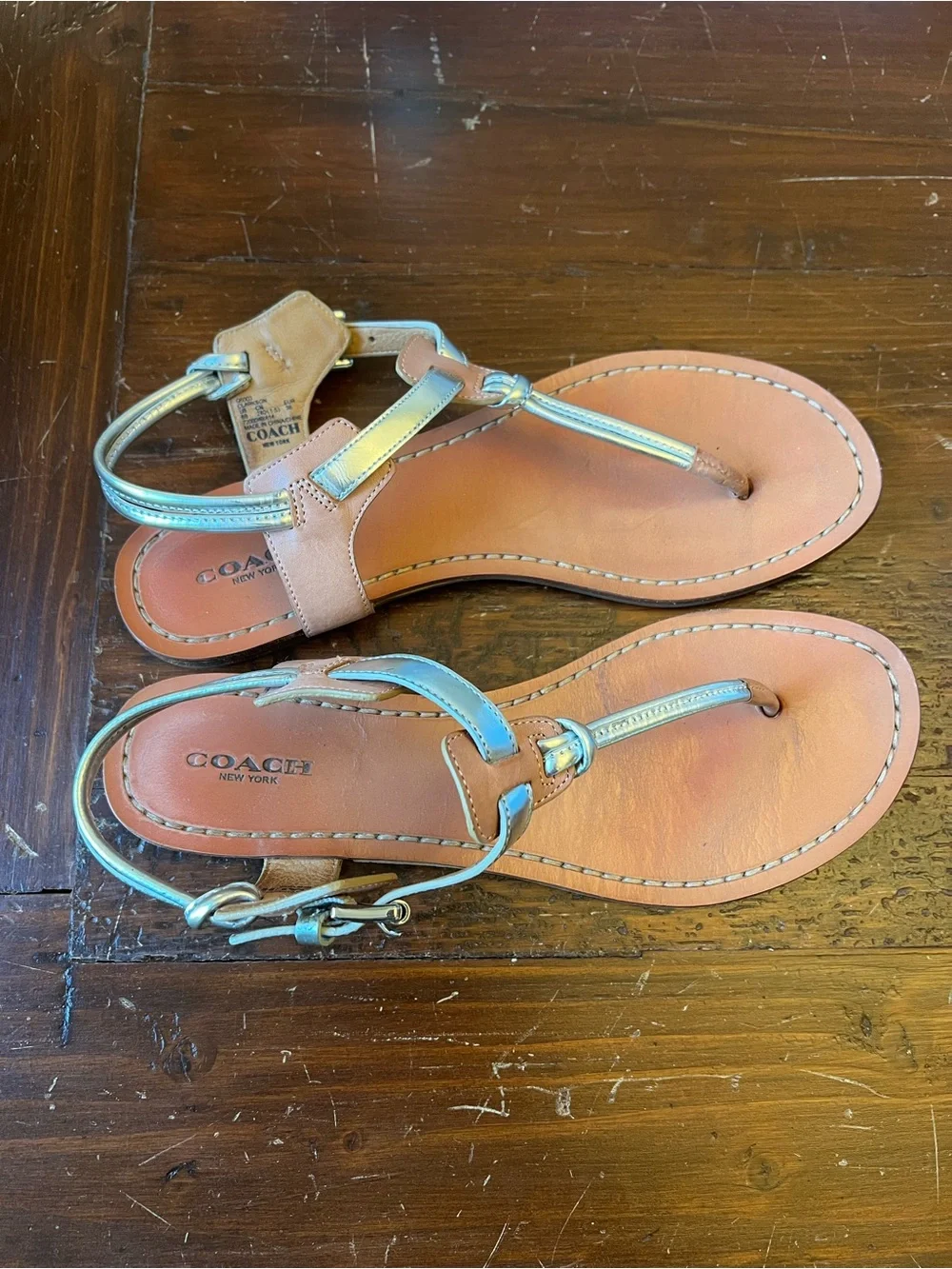Coach Metallic Silver Leather T-Strap Sandals with Tan Footbed